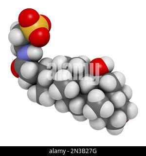 Molécule de médicament Taurursodiol. Également connu sous le nom d'ursodoxicoltaurine et d'acide tauroursodésoxycholique ou TUDCA. 3D rendu. Les atomes sont représentés comme des sphères wi Banque D'Images