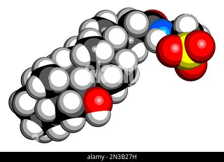 Molécule de médicament Taurursodiol. Également connu sous le nom d'ursodoxicoltaurine et d'acide tauroursodésoxycholique ou TUDCA. 3D rendu. Les atomes sont représentés comme des sphères wi Banque D'Images