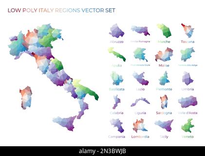Régions italiennes à faible teneur en poly. Carte polygonale de l'Italie avec les régions. Cartes géométriques pour votre conception. Illustration vectorielle élégante. Illustration de Vecteur