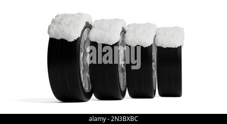 Quatre pneus de voiture sur fond blanc, recouverts de neige, concept de transport des pneus d'hiver, illustration 3D Banque D'Images