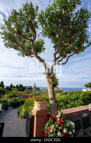 Capri Town, jardin passerelle et terrasse vue sur la côte de la mer Tyrrhénienne sur un plateau comme une selle haute au-dessus de la mer avec l'île... Banque D'Images