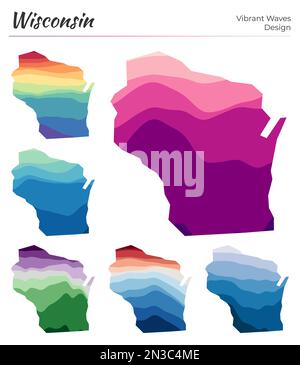 Ensemble de cartes vectorielles du Wisconsin. Motif vagues éclatantes. Carte lumineuse de l'état américain dans le style des courbes lisses géométriques. Illustration de Vecteur