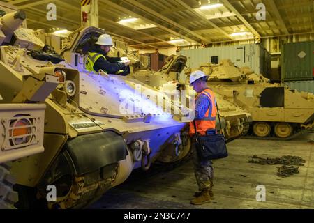 Charleston, Caroline du Sud, États-Unis. 25th janvier 2023. Le Sgt Ryan Townsend de l'armée, contremaître des opérations du bataillon des transports du 841st, aide à préparer un véhicule de combat Bradley pour le transport outre-mer le 25 janvier 2023, au quai de transport Core Dock à North Charleston, en Caroline du Sud. Plus de 60 Bradleys ont été expédiés par les États-Unis Transport Command dans le cadre du paquet d'aide militaire américain à l'Ukraine. USTRANSCOM est un commandement combattant axé sur la projection et le maintien de la puissance militaire à un moment et un lieu choisis par la nation, faisant progresser les intérêts américains dans le monde entier. (Image de crédit : © Oz Banque D'Images