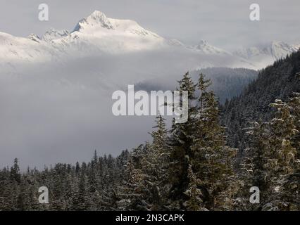 Des soulèvements de brouillard tôt le matin révélant le mont Juneau enneigé au-dessus de la forêt nationale de Tongass vu de l'île Douglass à travers le canal Gastineau Banque D'Images