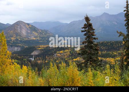 Admirez les couleurs éclatantes de l'automne vers le pont ferroviaire de l'Alaska au-dessus de Riley Creek Banque D'Images