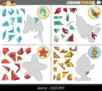 Illustration de dessins animés de jeux de puzzle éducatifs avec des personnages d'animaux marins Illustration de Vecteur