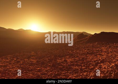 Mars - planète rouge - paysage avec montagnes pendant le lever ou coucher du soleil - 3D illustration Banque D'Images