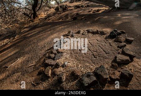 Sculpture de roches dans le district archéologique de Puako Petroglyph, sur la côte ouest de la côte de Kona, sur la grande île d'Hawaï. Le 233-acre Puakō Petrogly... Banque D'Images