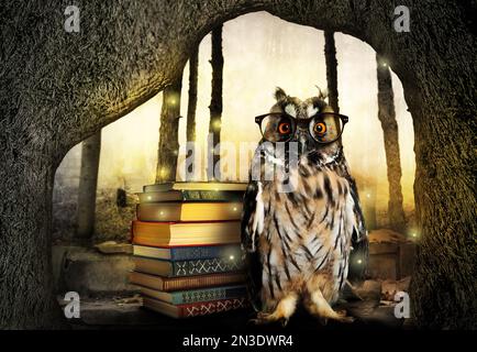 Belle hibou sage près des livres dans le monde de fantaisie Banque D'Images