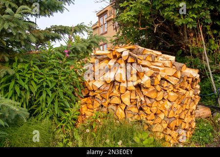 Une pile fraîchement empilée de bois de poêle se trouve à l'extérieur d'une maison à Homer ; Homer, Alaska, États-Unis d'Amérique Banque D'Images