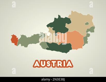 Affiche autrichienne de style rétro. Carte du pays avec les régions dans la palette de couleurs d'automne. Forme de l'Autriche avec nom de pays. Illustration vectorielle nette. Illustration de Vecteur