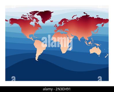 Vecteur de carte du monde. Projection cylindrique Miller. Monde en dégradé orange rouge sur les vagues bleu profond de l'océan. Illustration vectorielle tendance. Illustration de Vecteur