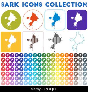 Collection d'icônes Sark. Icônes de carte tendance colorées et lumineuses. Badge Sark moderne avec carte de l'île. Illustration vectorielle. Illustration de Vecteur