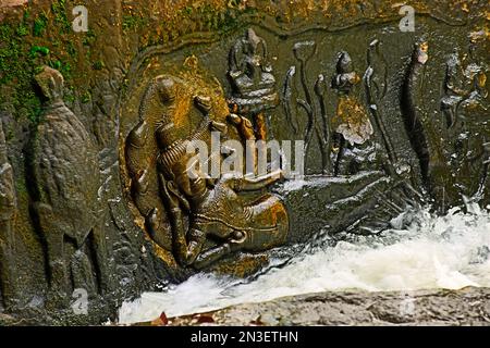 Vue rapprochée de la pierre, sculptures en bas-relief à Kbal Spean (la rivière des mille lingas) à environ 50 miles à l'est d'Angkor ; Siem Reap, Cambodge Banque D'Images