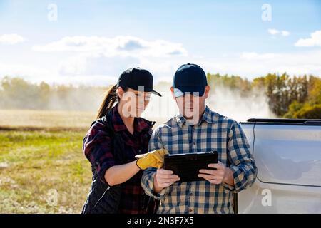 Un mari et sa femme utilisant un appareil portatif sans fil pour gérer et surveiller leur récolte de canola avec une moissonneuse-batteuse travaillant en arrière-plan Banque D'Images