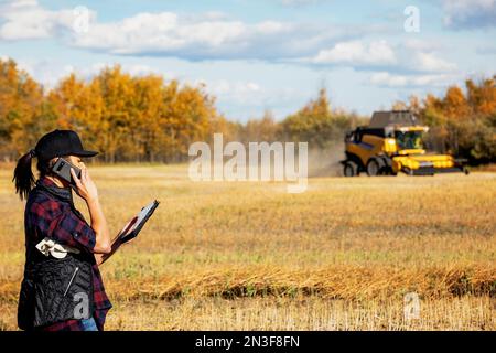 Une femme utilisant des appareils sans fil portables pour gérer et surveiller une récolte de canola d'automne, parlant au téléphone avec une moissonneuse-batteuse travaillant en arrière-plan Banque D'Images