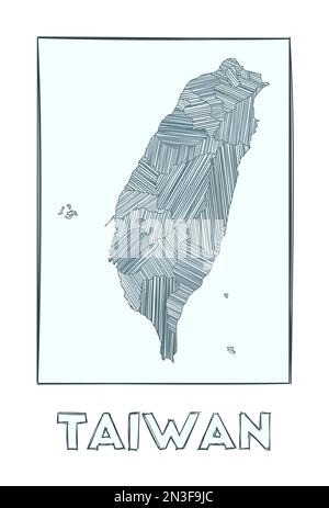 Carte de Taïwan. Carte du pays en échelle de gris dessinée à la main. Zones remplies avec des bandes de haches. Illustration vectorielle. Illustration de Vecteur