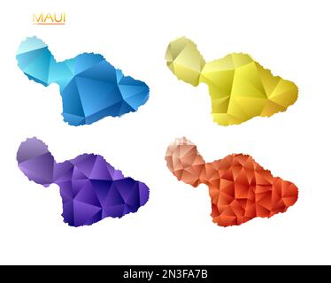 Ensemble de cartes polygonales vectorielles de Maui. Carte de dégradé de couleur vive de l'île en style poly bas. Carte Maui multicolore de style géométrique pour vos infographies. Illustration de Vecteur