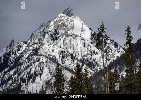 Pic majestueux et pentes de montagne enneigées dans les montagnes Rocheuses canadiennes, parc national Banff, Alberta, Canada Banque D'Images