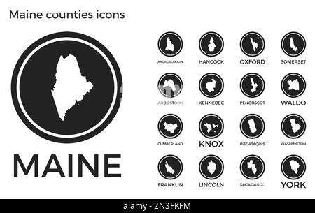 Icônes des comtés du Maine. Logos ronds noirs avec les cartes et titres des comtés de l'État. Illustration vectorielle. Illustration de Vecteur