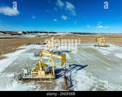 Vue aérienne des citrouilles dans un champ enneigé avec ciel bleu et nuages, à l'ouest d'Airdrie; Alberta, Canada Banque D'Images