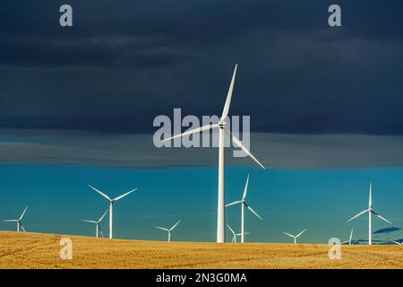 Grandes éoliennes métalliques dans un champ de chaume avec arc Chinook et ciel bleu, au nord de Glenwood, Alberta; Alberta, Canada Banque D'Images