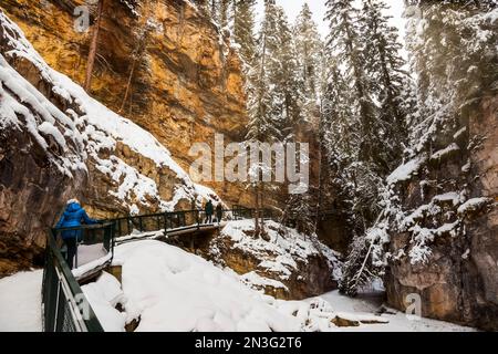 Randonnée le long d'un sentier pendant l'hiver au canyon Johnston dans le parc national Banff ; Alberta, Canada Banque D'Images