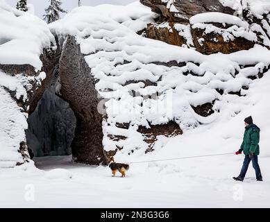 Homme mûr avec son chien explorant le pont naturel sur la rivière Kicking Horse dans le parc national Yoho ; Colombie-Britannique, Canada Banque D'Images