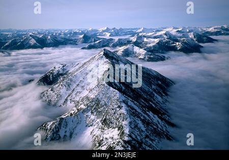 Vue aérienne du Rocky Mountain Front du Montana, avec des sommets enneigés des Rocheuses au-dessus des nuages; Montana, États-Unis d'Amérique Banque D'Images