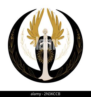 Femme de lune mystique ange. Tatouage boho sacré, symbole mystique astrologique, ésotérique. Emblème de sorcière, déesse mythique. Illustration de l'illustration de l'illustration vectorielle Illustration de Vecteur