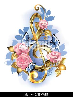 Or, bijoux, clef d'aigus décorée de roses roses délicates et peintes artistiquement avec des papillons bleus flambants. Illustration de Vecteur