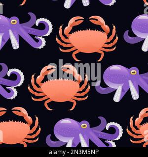 Motif de dessin animé sans couture avec crabes et poulpes mignons. Illustration vectorielle Illustration de Vecteur