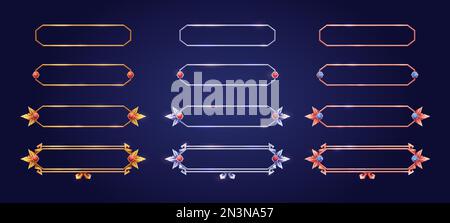 Cadres rectangulaires vides de style médiéval pour la conception d'une interface utilisateur de jeu. Ensemble de dessins animés vectoriels d'éléments d'interface utilisateur avec bordure ornée d'argent bronze doré, ornée de pierres précieuses, isolée sur fond Illustration de Vecteur