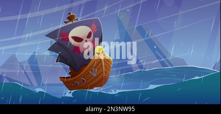 Illustration d'arrière-plan de vecteur de dessin animé avec navire à voile noir dans la mer de tempête. Bateau pirate dans la tempête. Vue sur l'océan et la montagne avec vagues et pluie. Paysage sombre avec caravelle et crâne en bois. Illustration de Vecteur