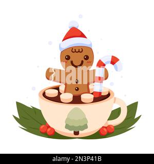 Homme de pain d'épice avec chapeau de Noël à l'intérieur de la tasse à café. Illustration vectorielle de Noël. Illustration de Vecteur