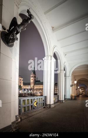 Vue sur le lac intérieur d'Alster dans la soirée, longue exposition avec vue sur l'hôtel de ville au coucher du soleil de Hambourg, Allemagne Banque D'Images