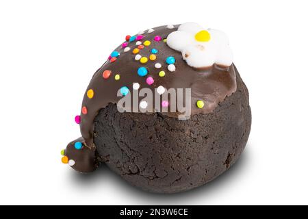 Vue en grand angle de la boule de chocolat ou de la garniture de boule de chocolat avec des saupoudrées arc-en-ciel colorées et une fleur de sucre blanc sur fond blanc avec un chemin d'écrêtage Banque D'Images