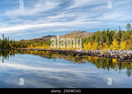 Reflet d'un paysage automnal, le parc national Stora Sjoefallet, Laponia, Norrbotten, Laponie, Suède Banque D'Images