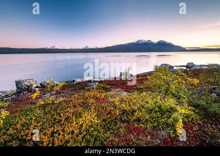 Paysage automnal avec lac Akkajaure et chaîne de montagnes Akka, ambiance nocturne, parc national Stora Sjoefallet, Laponia, Norrbotten, Laponie Banque D'Images