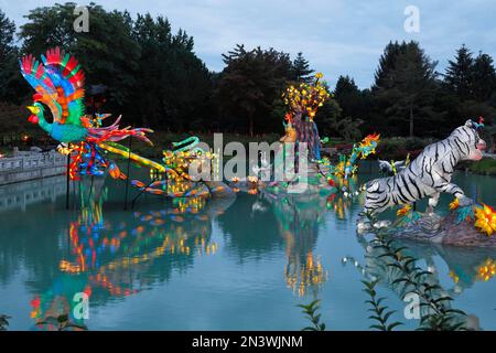 Figures illuminées au jardin chinois, Montréal, province de Québec, Canada Banque D'Images