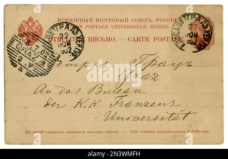 Carte postale historique russe de Elisavetgrad, Empire russe à Graz, Autriche, 22 juin 1902 : avec aigle rouge à double tête, timbre-poste imprimé Banque D'Images