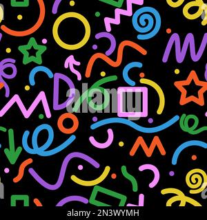 Ensemble de lignes colorées et gaies sur fond noir, motif de gribouillages sans couture. Collection d'art abstrait pour enfant ou motif de fête Illustration de Vecteur