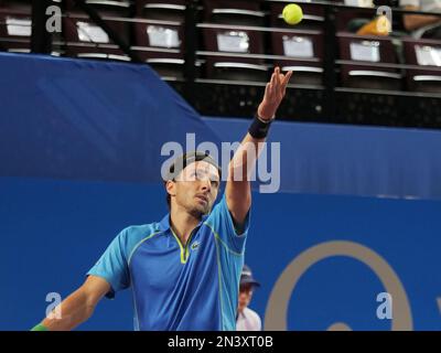 Montpellier, France - 7 février 2023, Arthur Rinderknech (FRA) en action contre Luca Nardi (ITA) pendant l'Open Sud de France 2023, ATP 250 tournoi de tennis sur 7 février 2023 à l'Arena Sud de France à Pérols près de Montpellier, France - photo Patrick Cannaux / DPPI Banque D'Images