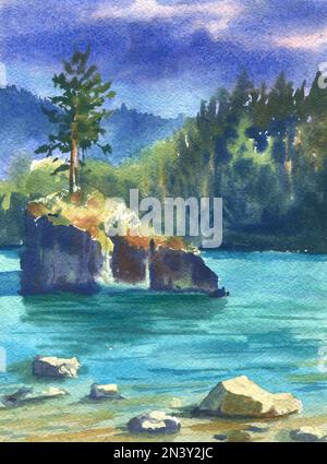 Dessin d'aquarelle colorée et colorée à la main sur toile de fond en papier sur l'eau bleue. Vue pittoresque sur le bord de l'eau, riwer, roche avec pin. Banque D'Images
