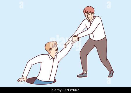 L'homme sauve un ami est tombé dans la trappe dans le sol, en prolongeant l'aide main dans une situation difficile. Le jeune homme d'affaires aide son partenaire après des problèmes économiques ou une crise Illustration de Vecteur