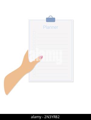 Femme tient la main tablette en papier avec ligne bleue Planner pour les notes, isolé, fond blanc. Illustration vectorielle Illustration de Vecteur