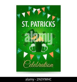 Arrière-plan de la journée St Patricks. St. Motif vectoriel vertical de la fête de la Patrick avec les symboles traditionnels de Noël chapeau Leprechaun, pot au Trésor et verres de plat Illustration de Vecteur