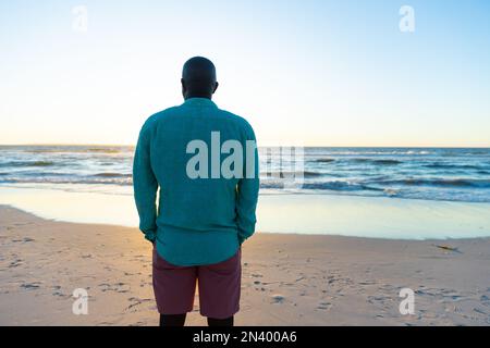 Vue arrière de l'homme senior afro-américain regardant la mer dans un ciel dégagé tout en se tenant sur la plage. Crépuscule, espace de copie, retraite, pittoresque, non modifié, li Banque D'Images