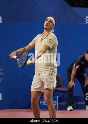 PEROLS, France. 7th février 2023. Lorenzo Sonego (ITA) en action contre Benjamin Bonzi (FRA) lors de l'Open Sud de France 2023, ATP 250 tournoi de tennis sur 7 février 2023 au Sud de France Arena à Perols près de Montpellier, France - photo: Patrick Cannaux/DPPI/LiveMediaAlamy Live News Banque D'Images