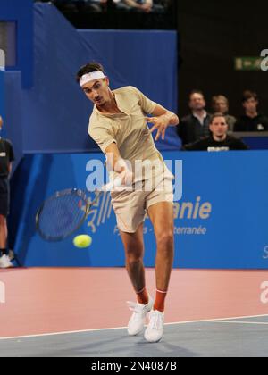 PEROLS, France. 7th février 2023. Lorenzo Sonego (ITA) en action contre Benjamin Bonzi (FRA) lors de l'Open Sud de France 2023, ATP 250 tournoi de tennis sur 7 février 2023 au Sud de France Arena à Perols près de Montpellier, France - photo: Patrick Cannaux/DPPI/LiveMediaAlamy Live News Banque D'Images